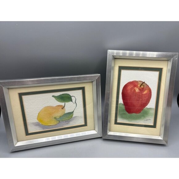 Set Of 2 Framed Watercolor Fruit Prints Apple & Pear Signed Decor Kitchen - Picture 1 of 6